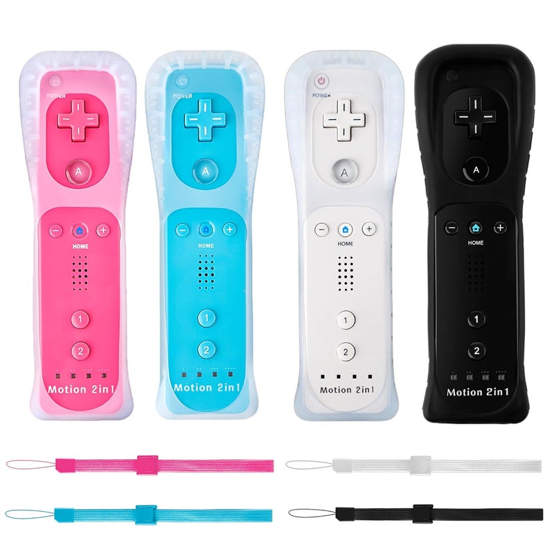 DTianSir 4Pack Motion Plus Wii Remote Controllers with Silicone Case & Wrist Strap,Wii Remote Controllers with Built in Motion Plus Compatible for Wii U Consoles (Pink+Light Blue+White+Black) - Image 1